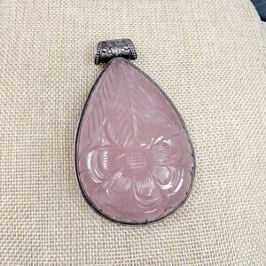 Vitnage Large Teardrop Carved Rose Quartz Sterling Silver Pendant Over 3 Inch